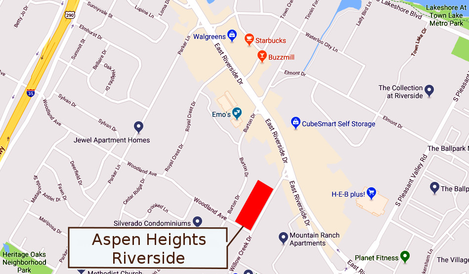 Aspen Heights Riverside will be just south of East Riverside Drive on Willow Creek Drive. Image: Google Maps.