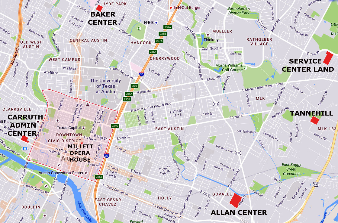 Available AISD properties in or near downtown include the Millett Opera House, the Carruth Admin Center, Baker Center and Allan Center.