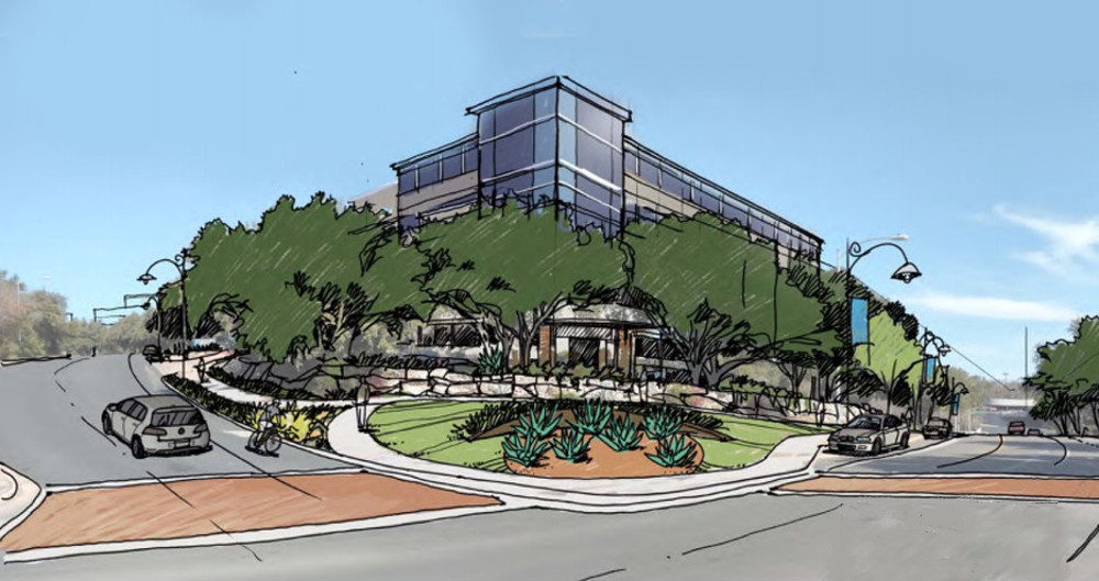 Conceptual rendering of development at northwest corner of Wood Hollow Drive and Executive Center Drive.