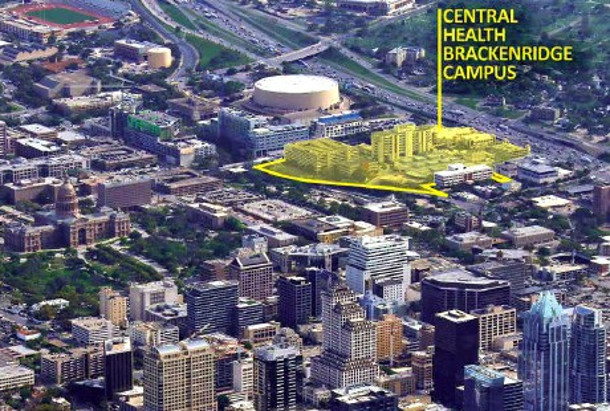 Brackenridge Campus, highlighted in yellow, is in the northeast sector of downtown Austin.