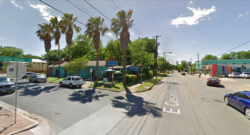 The Counter Culture, a popular vegan restaurant at the corner of East Cesar Chavez and Clara. Image: Google Streets.