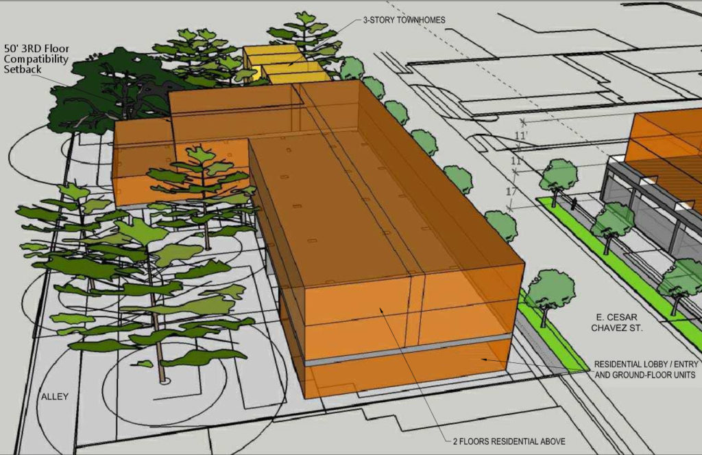 A 3D perspective conceptual rendering for a multifamily development in the 2300 block of East Cesar Chavez Street. Courtesy of Thrower Design.