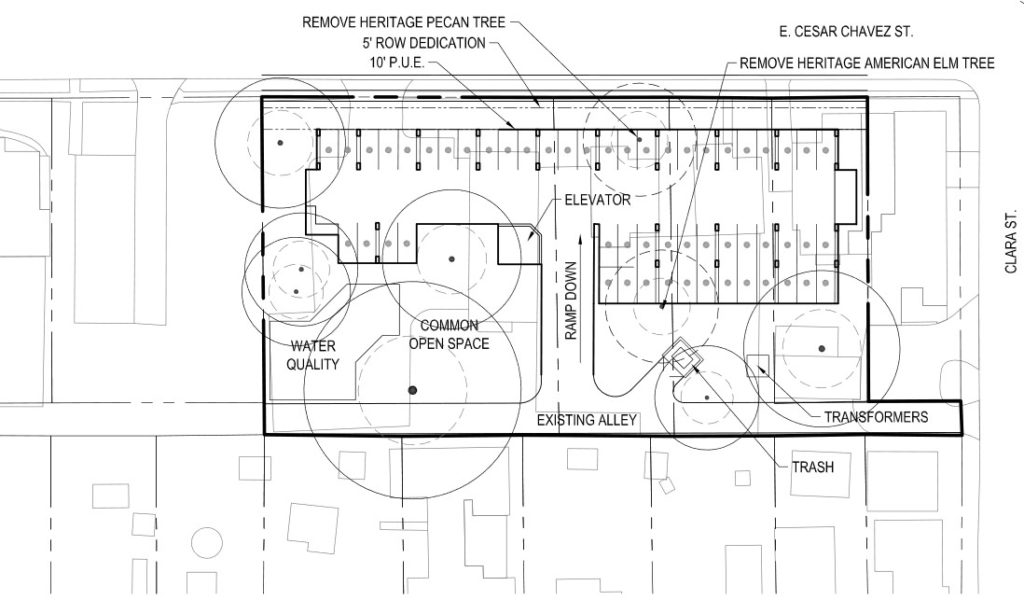 Two conceptual site plans were submitted, each focusing attention on how to work around heritage trees. Courtesy: Thrower Design.