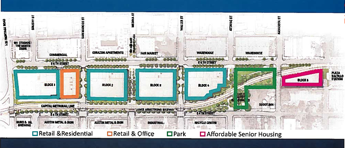 Market rate housing and retail will dominate by occupying three and two-thirds blocks. The remaining site will have an office tower at San Marcos Street, a park east of Attayac Street, and senior housing east of Navasota Street.