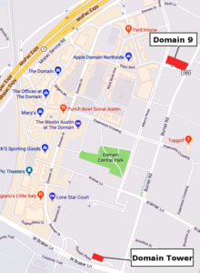 Domain 9, now in development, and the nearly completed Domain Tower are at opposite ends of The Domain campus. Image: Google Maps.