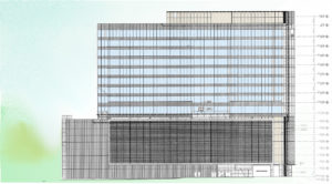 The north side elevation of Domain 9, an 18-story office/garage tower. Courtesy: TIER REIT.