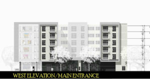 The west elevation and main entrance of the Block L residential project. Courtesy of Columbus Realty Partners.