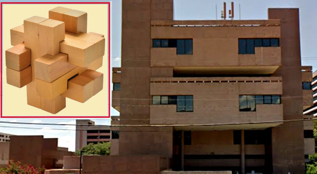 The ERS five-story main building, constructed in 1979, resembles a Chinese wood puzzle.