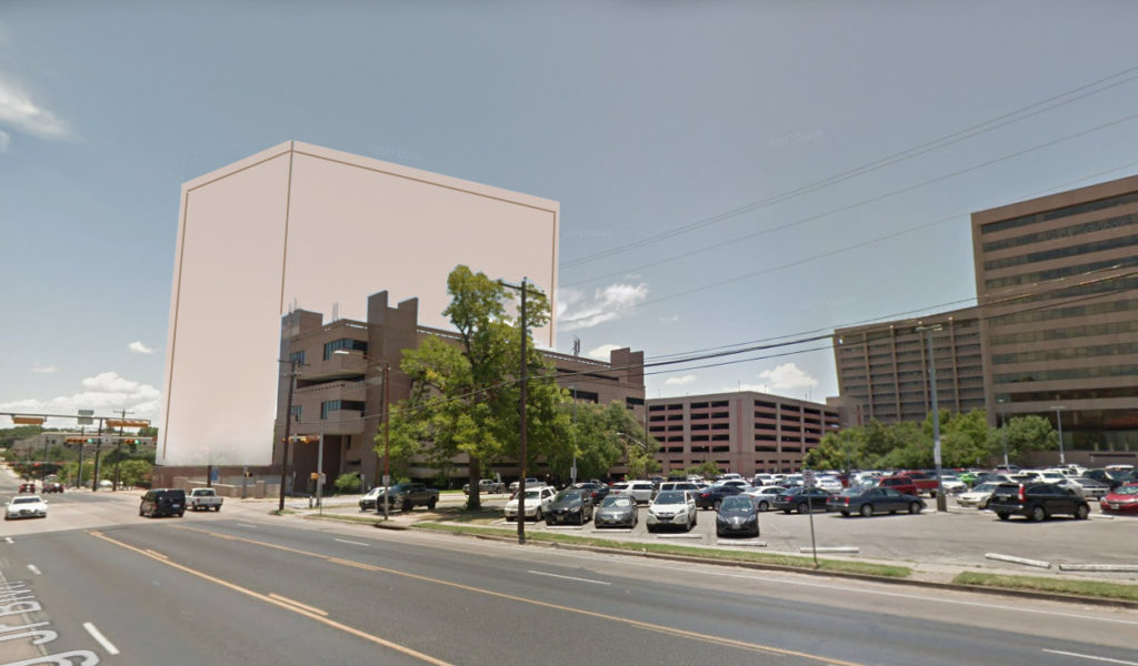 The Employee Retirement System of Texas plans to build a mixed-use commercial tower next to its headquarters. The graphic suggests the approximate scale of the new building. Google Street View with graphic by Adolfo Pesquera.