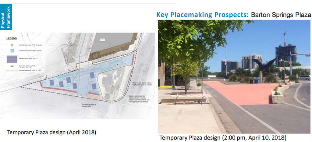 The City of Austin in partnership with Yeti is creating a temporary one-year plaza where they plan to eventually construct Barton Springs Plaza. Illustrations courtesy of Planning & Zoning Department.