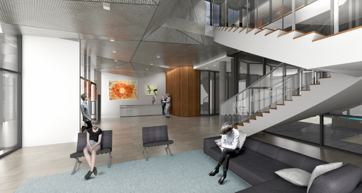 An interior rendering of the Kimber Modern SoCo's lobby. Photo courtesy of Maker Architects.