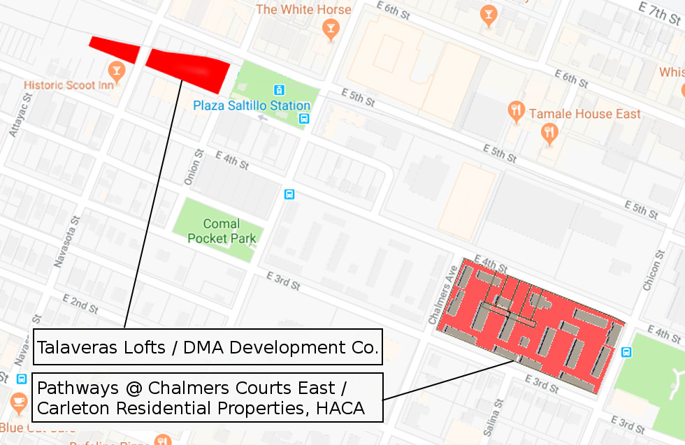 The Talaveras Lofts and Pathways at Chalmers Courts East are within three blocks of each other and in the vicinity of East Austin's Plaza Saltillo transit-oriented district development. Image: Google Map/Graphics by Adolfo Pesquera.