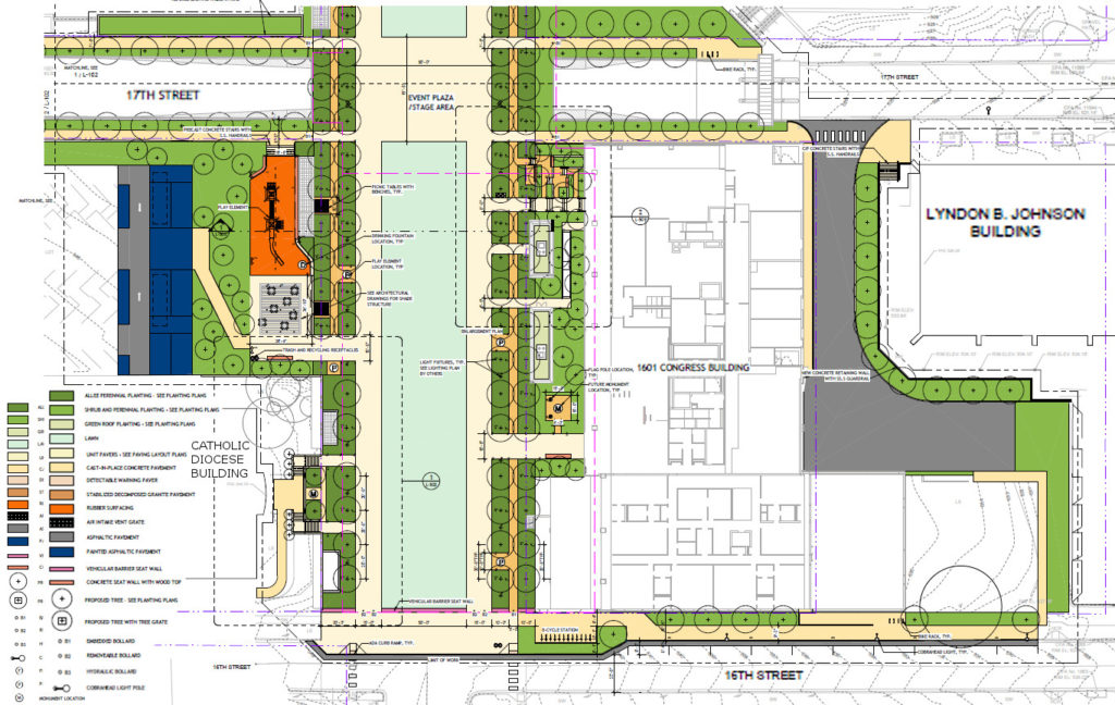 Site plan of the south block of the Texas Mall, from 17th to 16th streets. Courtesy of Page.