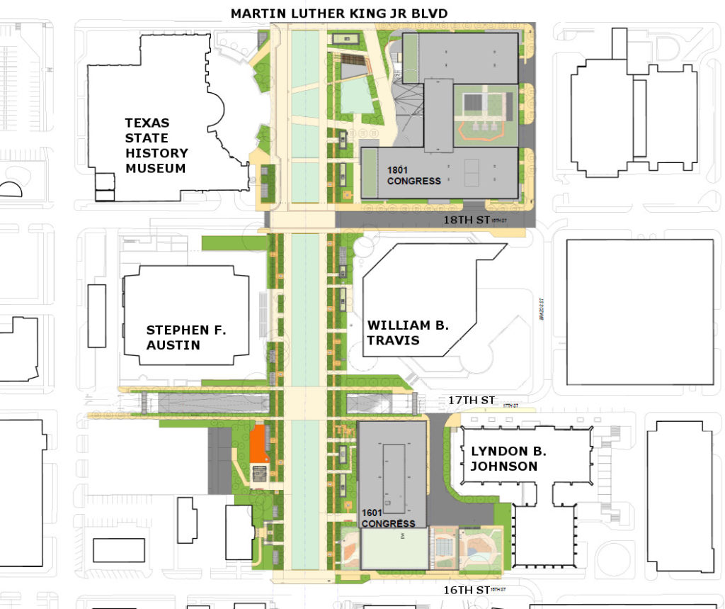 Overall site plan for the first three blocks of the Texas Mall. Courtesy of Page.