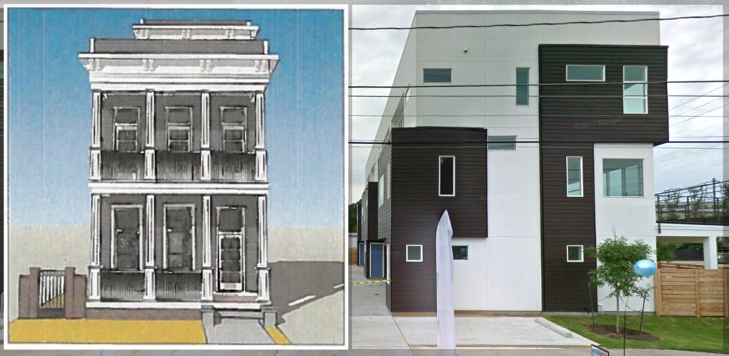 Front elevation of a proposed two-story townhome (left) juxtaposed next to the East 5th Condos next door. Graphic by Adolfo Pesquera.