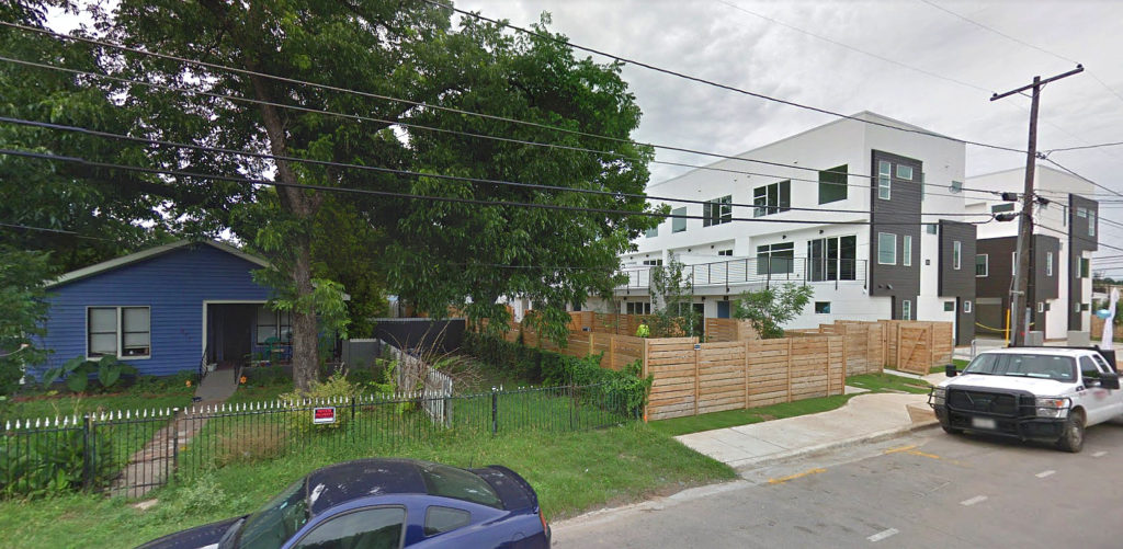 The little blue 1940s house next to East 5th Condos is on a lot slated for a six-unit townhome project. Image: Google Streets