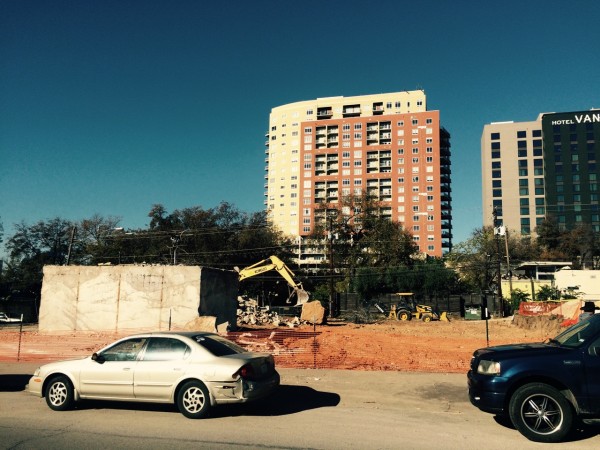 After demo.  Shore Condos in background to left.  Hotel Van Zandt to right.
