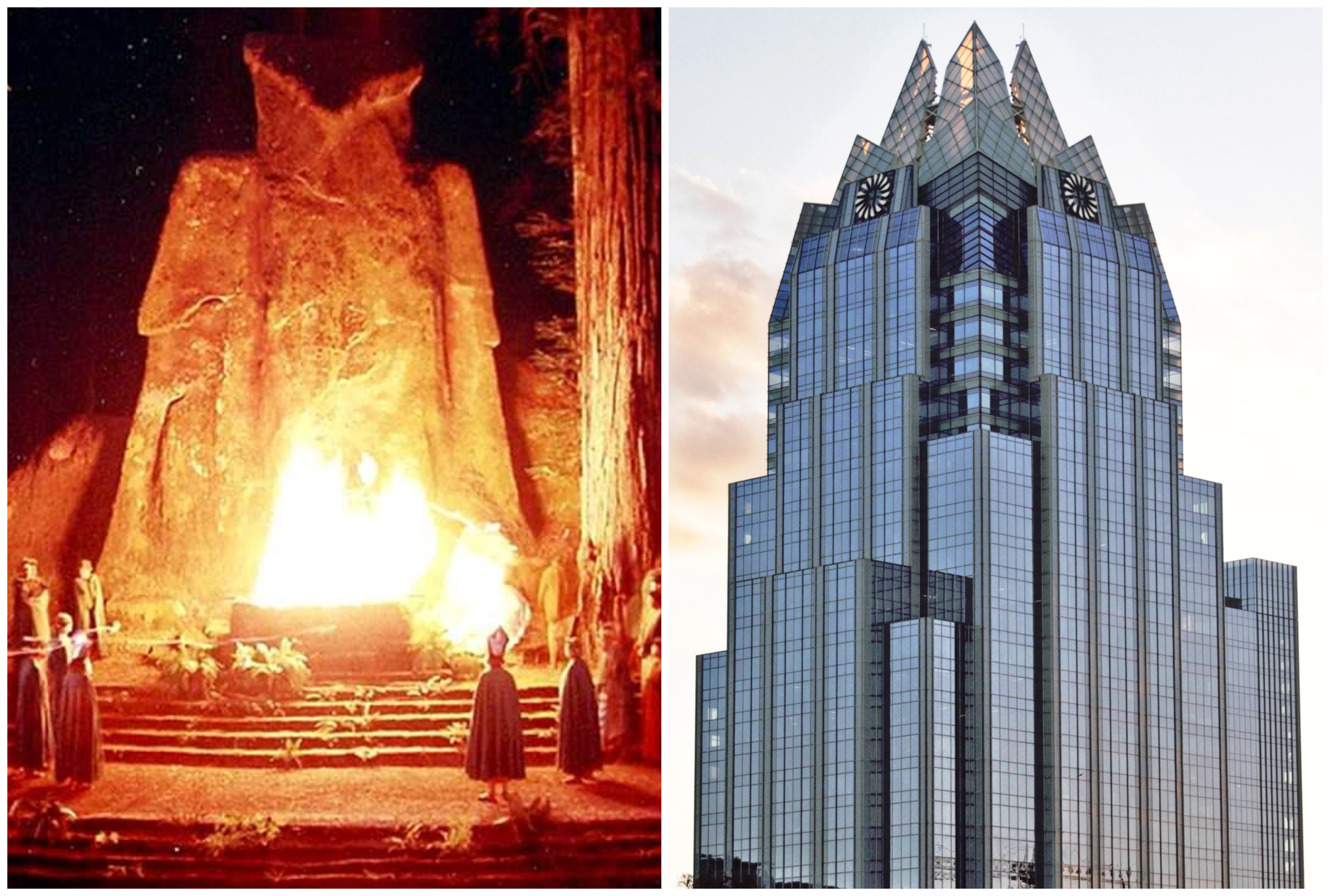 On the left, the owl statue at the Bohemian Grove camp Alex Jones alleges i...